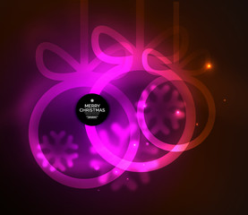 Christmas baubles, vector magic dark background with glowing New Year spheres