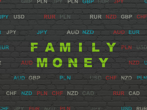 Money concept: Painted green text Family Money on Black Brick wall background with Currency