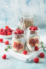 chia seeds pudding with  figs, raspberry and granola