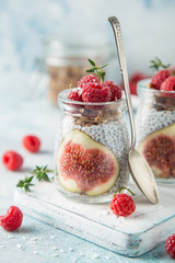 chia seeds pudding with  figs, raspberry and granola