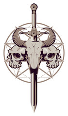 Vector emblem with a skull of a bull pierced by a sword and two human skulls on the background of a pentagram