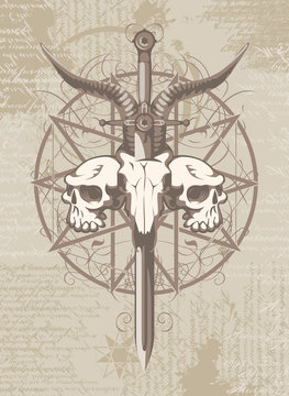 Vector emblem with a skull of a goat pierced by a sword and two human skulls and pentagram on the background of manuscripts