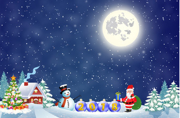Fototapeta na wymiar Santa Claus with gift bag and snowman