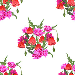 Seamless pattern with red poppies and cute pink flowers. Vintage floral background for textile, cover, wallpaper, gift packaging, printing.Romantic design for calico, silk, home textiles.