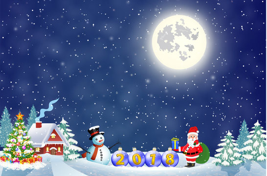 Santa Claus with gift bag and snowman