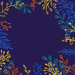 Fototapeta na wymiar Herbal mix square vector frame. Hand painted plants, branches, leaves, succulents and flowers on dark blue background. Natural card design