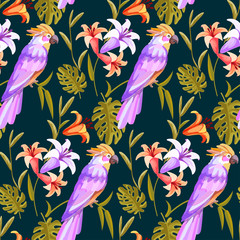 Cockatoo parrot seamless pattern tropical background.