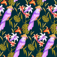 Cockatoo parrot seamless pattern tropical background.