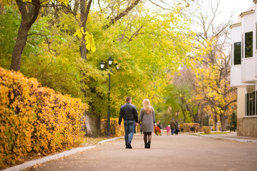 A loving couple strolls through the park in the fall. A woman in a gray coat, a man in jeans and a black leather jacket. Family walks in the autumn in the city. Background for your text.