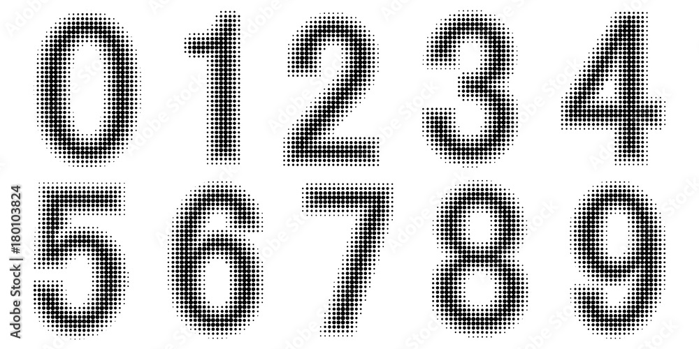 Poster Halftone effect numbers. Dotted font vector. Dotted embossed numbers. Font Monochrome vector design