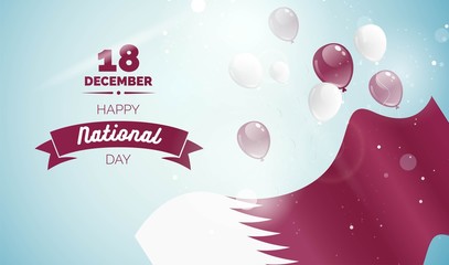 18 December. Qatar Independence Day greeting card. Celebration background with flying balloons and waving flag. Vector illustration