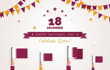 18 December. Qatar National Day greeting card. Holiday background with waving flags, ribbon and bunting flags. Vector flat illustration