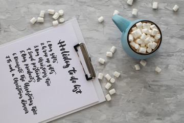 Christmas and New Year cozy holiday composition with to do list, mug with cocoa or chocolate,...