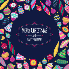 Colorful retro baubles background. Decorative christmas tree balls.