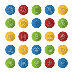Bitcoin flat linear long shadow icons set