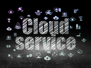 Cloud computing concept: Glowing text Cloud Service,  Hand Drawn Cloud Technology Icons in grunge dark room with Dirty Floor, black background
