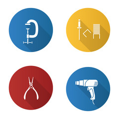 Construction tools flat design long shadow glyph icons set