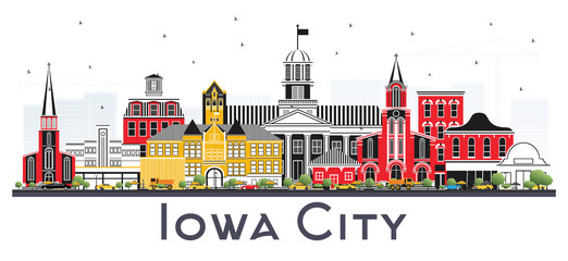 Iowa City Skyline with Color Buildings Isolated on White Background.