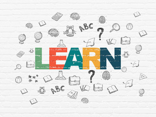 Studying concept: Painted multicolor text Learn on White Brick wall background with  Hand Drawn Education Icons