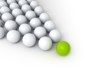 Leadership concept, green leader ball, standing out from the crowd on white background.