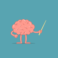 Cartoon brain holds a pointer. Isolated character of brain shows something. Concept of training. Vector illustration.