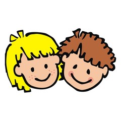Two kids,girl and boy, smile face, colored vector ilustration, doodle