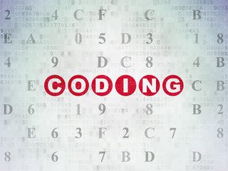 Software concept: Painted red text Coding on Digital Data Paper background with Hexadecimal Code