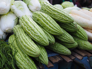 Fresh bitter melon for sale in the local market of Thailand