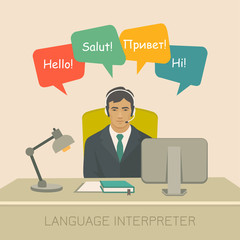   Office worker man behind the a work desk and computer. Vector illustration of a flat design.