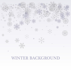 Winter silver background. Fallen defocused snowflakes. Christmas. Vector.