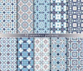Vector set of ten seamless abstract patterns in shades of blue. Decorative and design elements for textile, book covers, manufacturing, wallpapers, print, gift wrap.