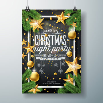 Vector Merry Christmas Party Design with Holiday Typography Elements and Ornamental Balls, Cutout Paper Star, Pine Branch on Black Background. Celebration Flyer Illustration. EPS 10.