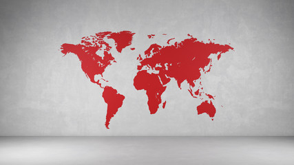 Rote Weltkarte an Wand aus Beton