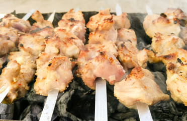 Shish kebab on metal sticks roasted on the grill