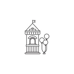 Ticket booth with balloons icon vector linear design isolated on white background. Park logo template, element for amusement park, line icon object