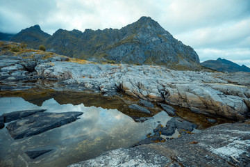 Mountain north landscape. Beautiful nature of Norway. Rocky seashore. Lofoten islands, 