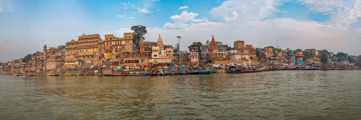 Fototapeta na wymiar Varanasi city Ganges river ghat panoramic view.