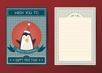 Merry Christmas vector penguin character greeting card,