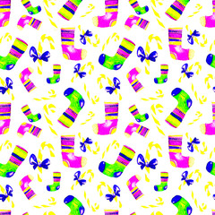 Beautiful Seamless Christmas Pattern. Hand Drawn Watercolor Illustration. Background for your design of Greeting Card, Invitations, Poster. Wonderful Print for Wrapping Paper, Fabric, Tiles, Wallpaper