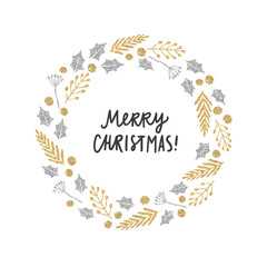 Christmas plants laurel greeting card. Silver and gold glitter illustration. Vector hand drawn objects