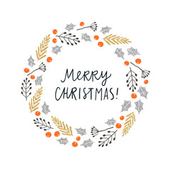 Merry Christmas greeting card. Plants laurel. Vector hand drawn illustration