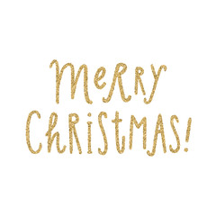 Merry Christmas. Hand drawn lettering with gold glitter effect. Vector illustration isolated on white