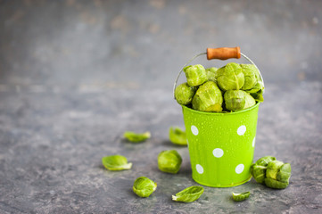 Organic fresh raw brussels sprouts in a metal bucket on gray background