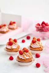Raspberry and caramel cupcakes on white background