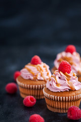 Raspberry and caramel cupcakes on dark background