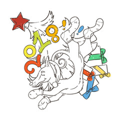 Yellow dog for New Year 2018, cute symbol of horoscope. Cute puppy in cartoon doodle style.