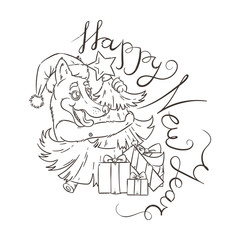 Yellow dog for New Year 2018, cute symbol of horoscope. Cute puppy in cartoon doodle style.