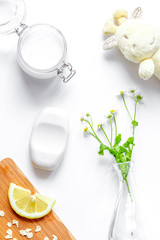 natural organic cosmetics for baby on white background top view