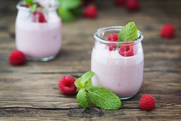 Homemade yogurt with raspberry and mint