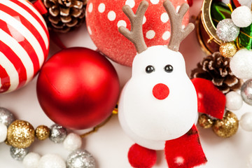 Set of different christmas decorations closeup shot, top view